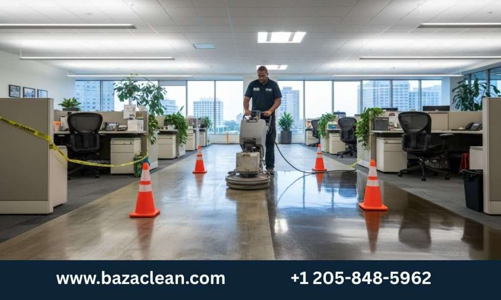 Professional technician operating industrial floor buffer machine while restoring dull high-traffic commercial flooring to a glossy shine in Birmingham Alabama office space, with safety cones placed around the work area.