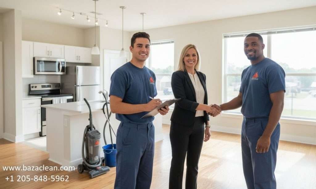 Professional cleaners preparing a rental property for new tenants with detailed turnover cleaning in Birmingham AL.