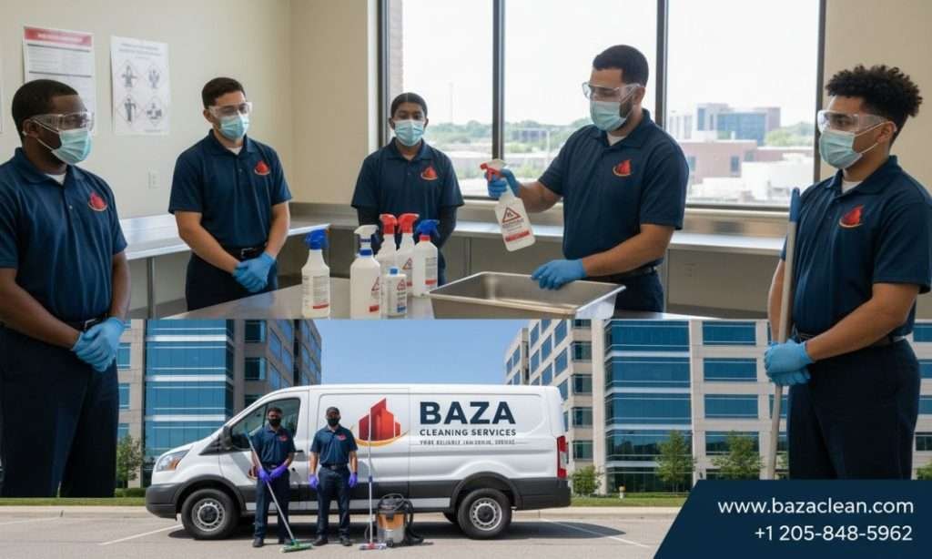 Employees following workplace safety and compliance regulations while wearing protective equipment in a professional environment.