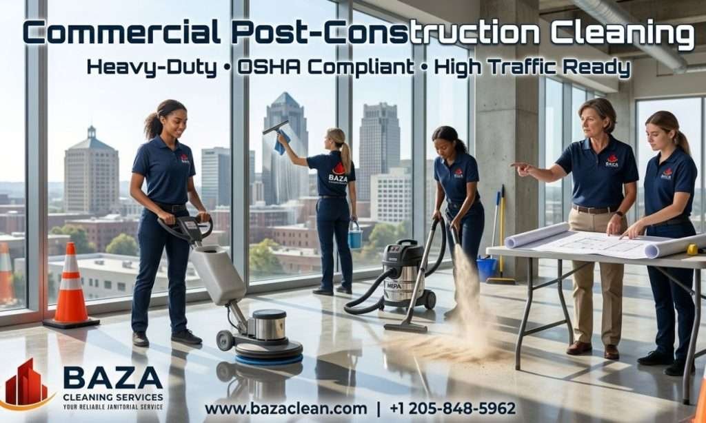 Commercial Post-Construction Cleaning in Downtown Birmingham – Heavy-Duty, OSHA-Compliant