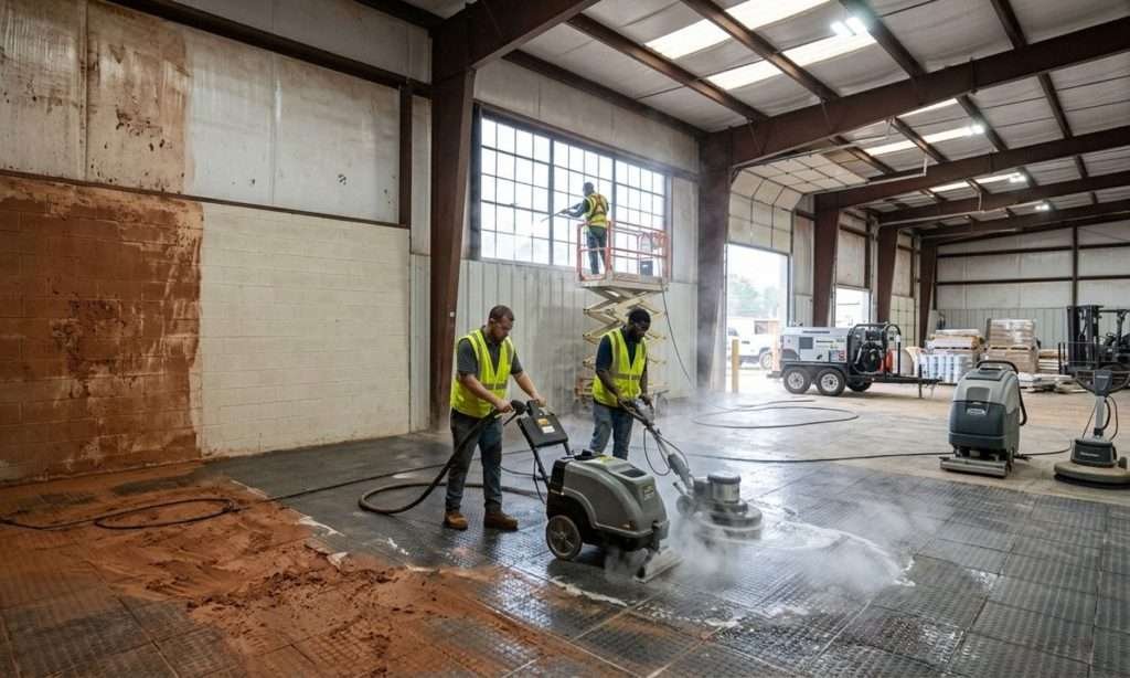 Commercial cleaning crew deep-cleaning warehouse floors in Vestavia Hills AL with pro equipment