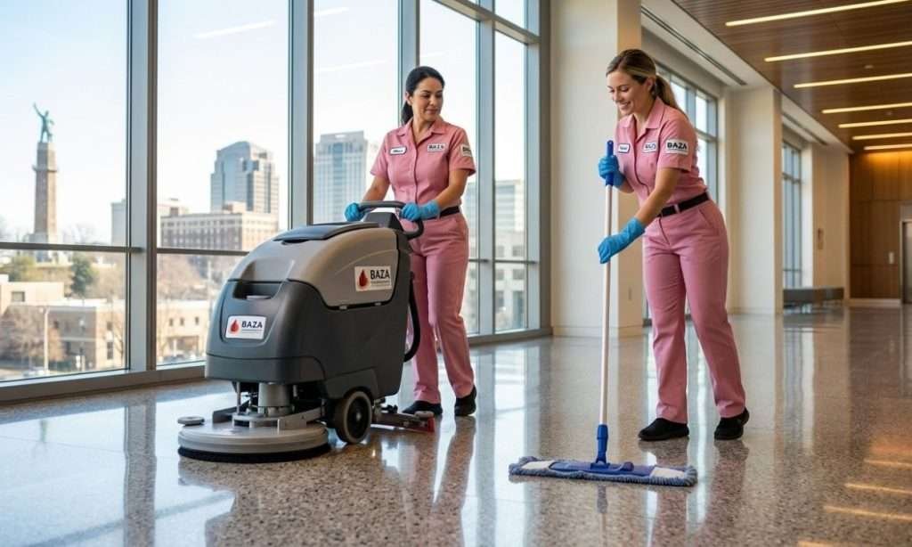 Commercial floor cleaning in Birmingham AL office building with professional cleaners