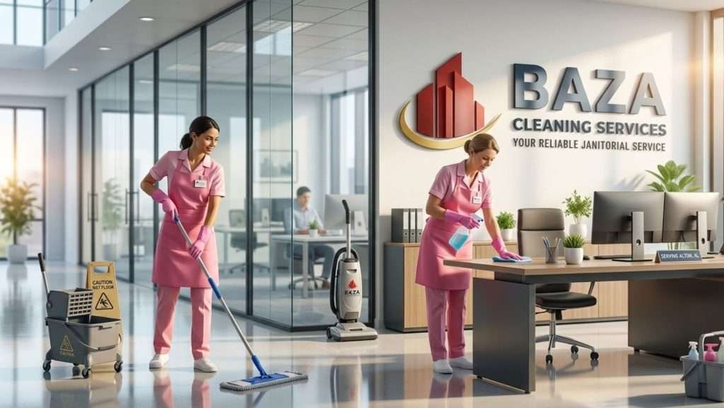 Expert Janitorial Cleaning Team Working in a Modern Office