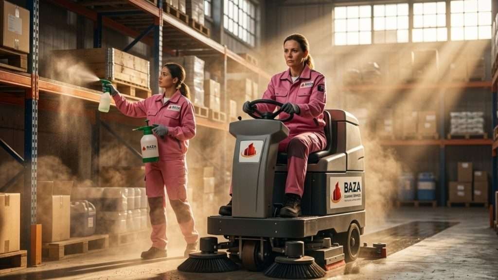 Industrial janitorial floor cleaning in Ensley Alabama warehouse removing dust buildup