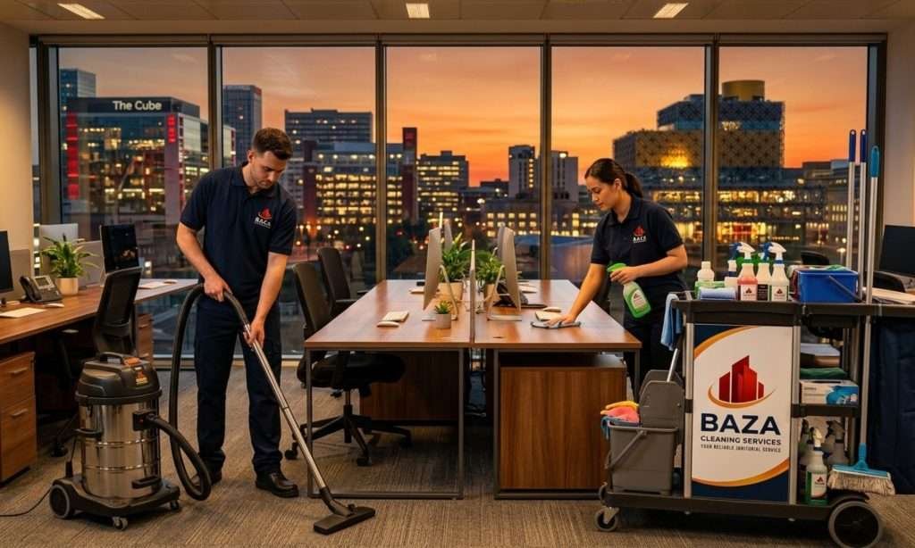 Janitorial cleaners performing daily vacuuming and dusting in Birmingham AL office