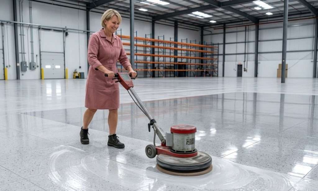Professional Female Cleaner Buffing VCT Floor to a High-Gloss Shine in a Birmingham Warehouse