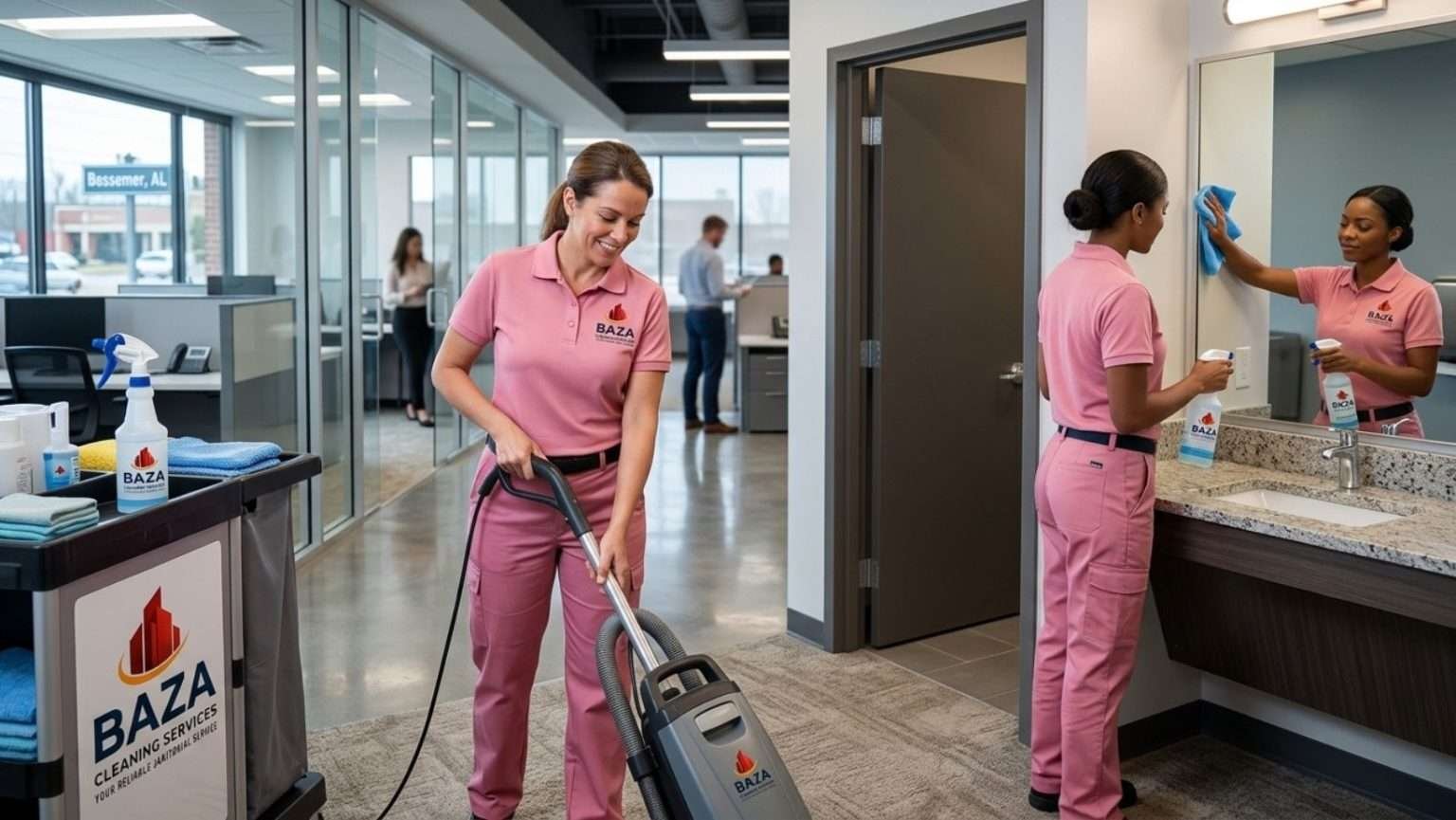 Professional Janitorial Team Deep Cleaning a Modern Office