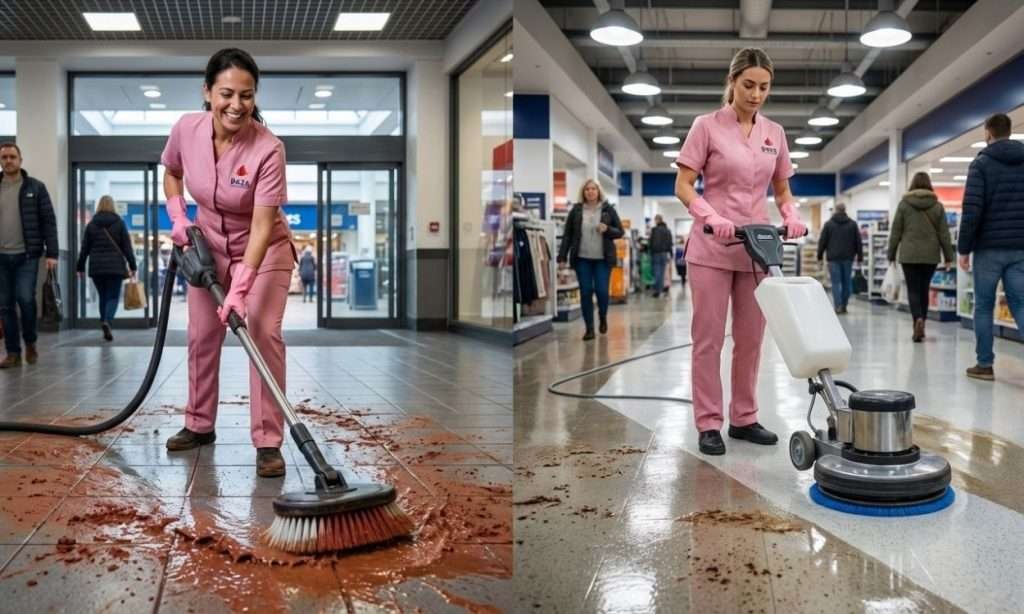 Professional cleaners removing red clay dirt from Birmingham commercial floor