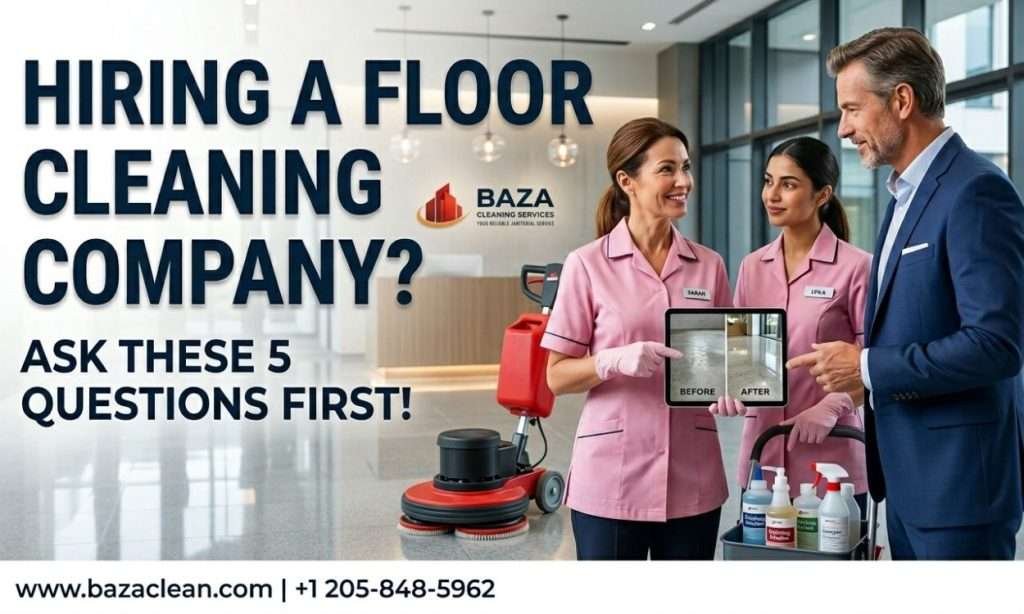 business owner discussing commercial floor stripping and waxing services with professional cleaners in Birmingham