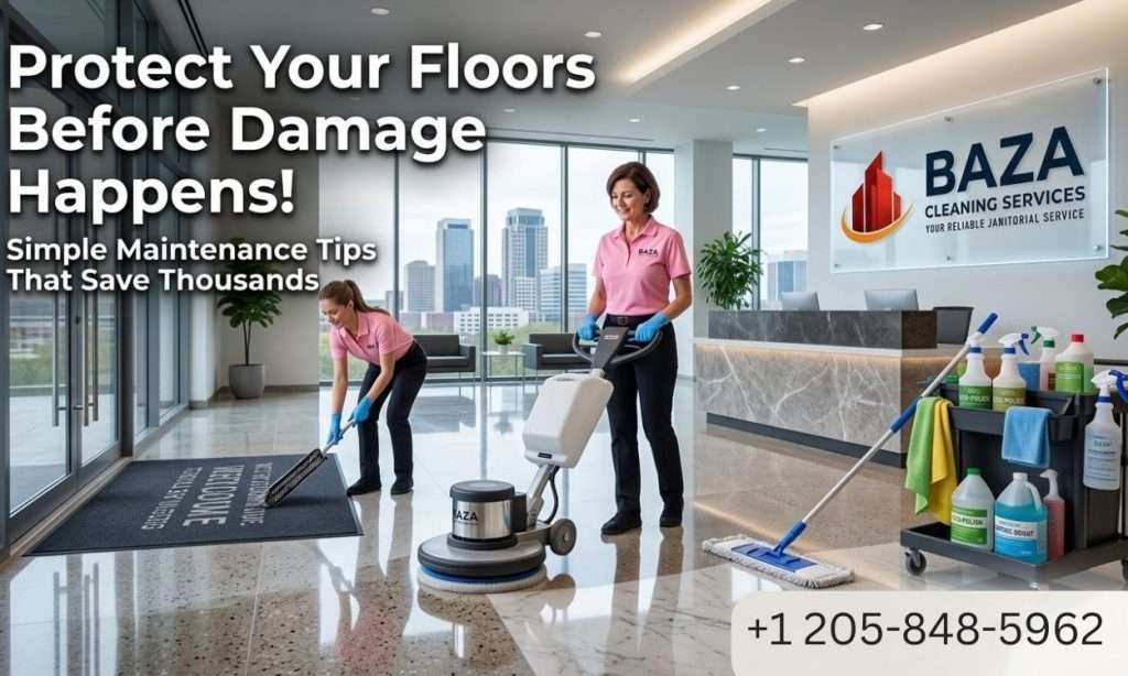 professional cleaners performing preventive commercial floor maintenance in Birmingham office