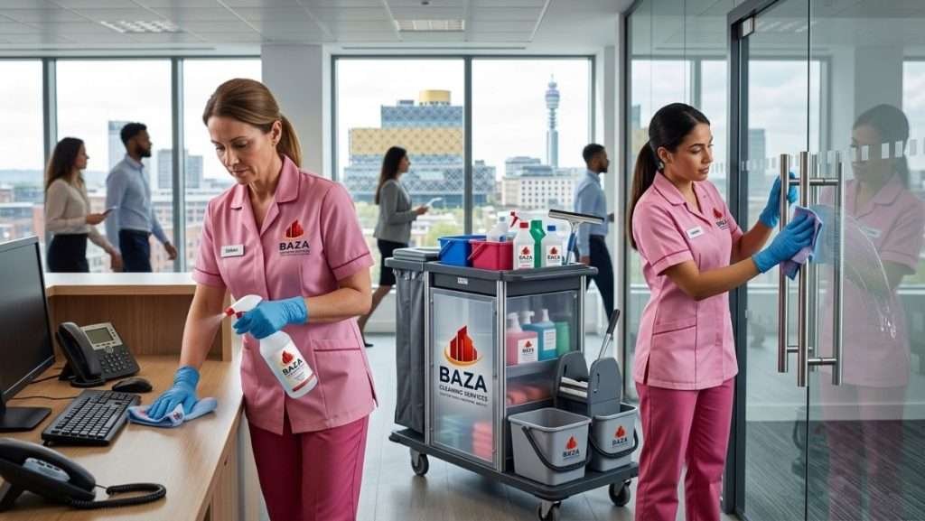 professional janitorial cleaners disinfecting high touch surfaces in Birmingham office reception