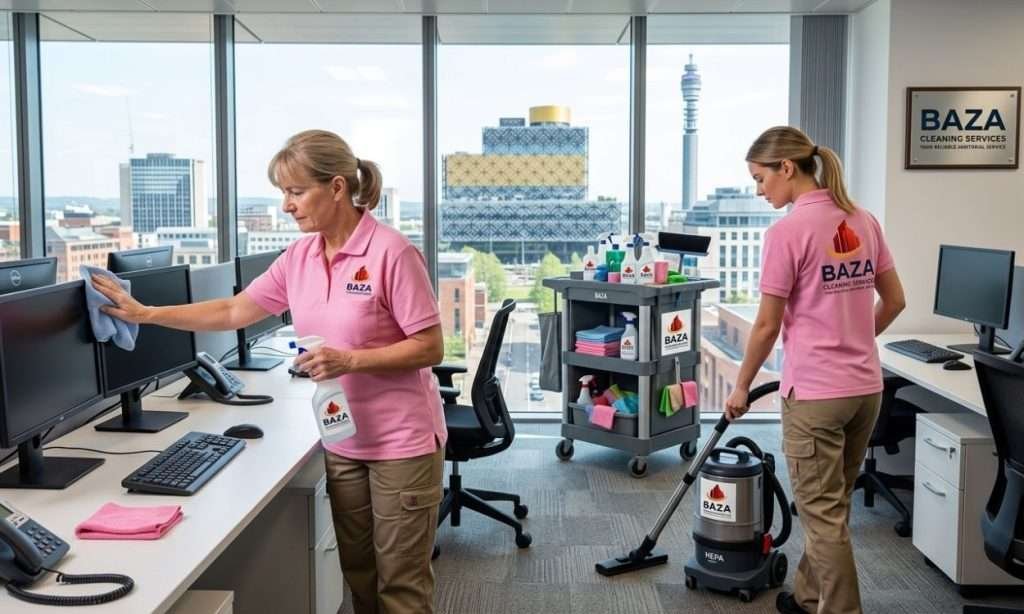 professional office cleaning service disinfecting desks and vacuuming carpets in Birmingham office
