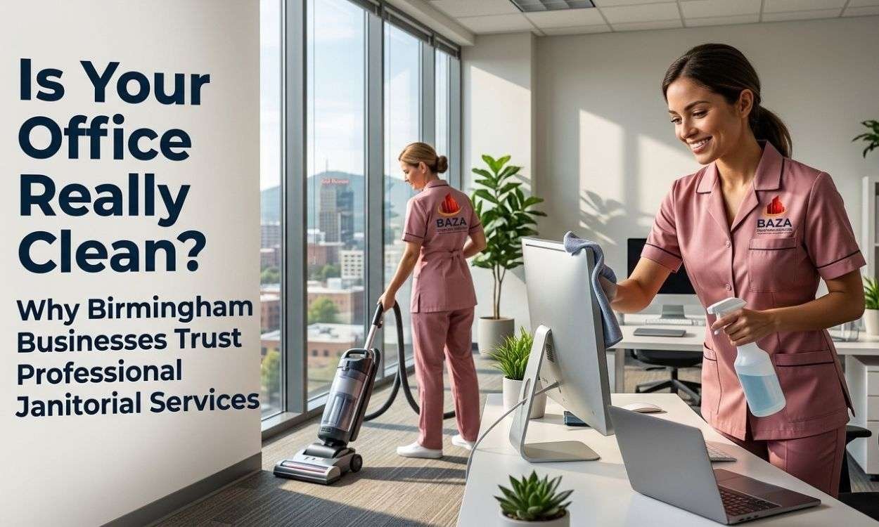 professional janitorial cleaning service in Birmingham office by cleaners disinfecting workspace