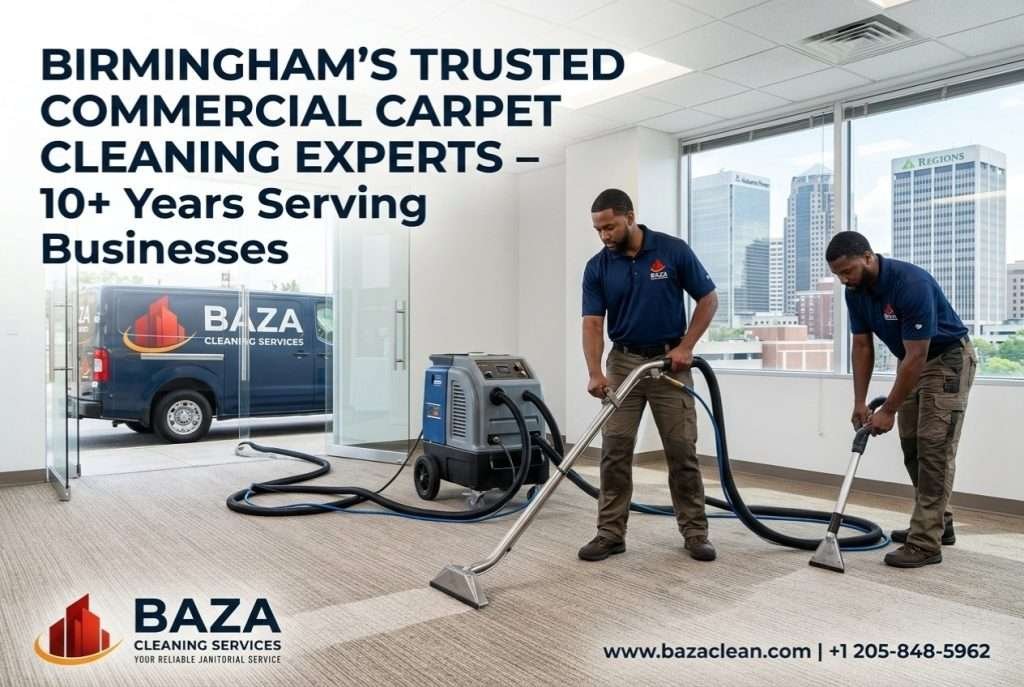 Baza Clean professional commercial carpet cleaning crew at work in Birmingham AL offices