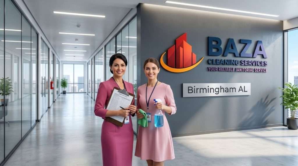 Birmingham AL office cleaning FAQs with female cleaners in pink dresses