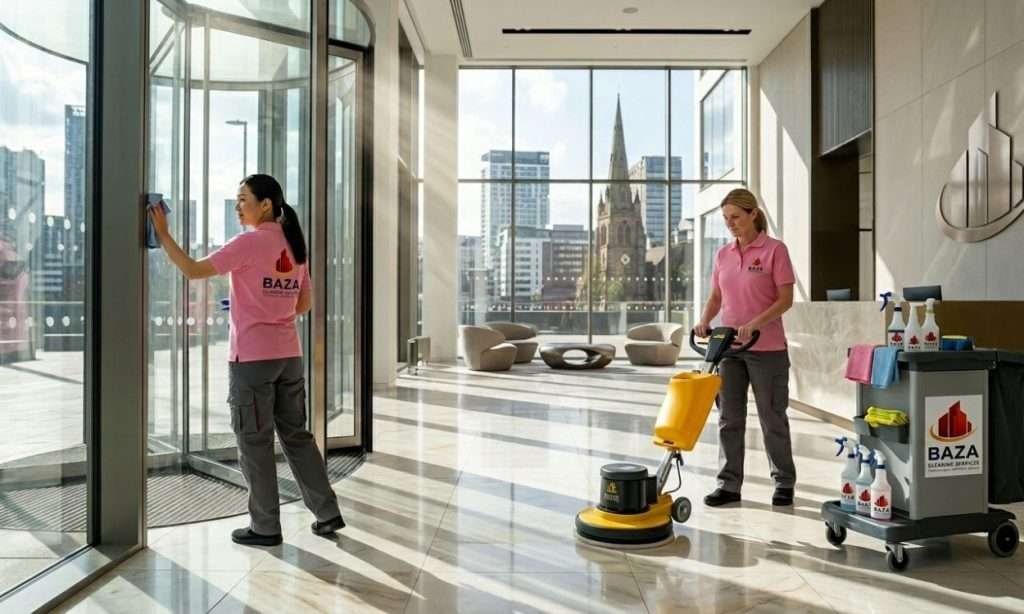 Commercial Cleaning Team Polishing a Corporate Office Lobby in Birmingham