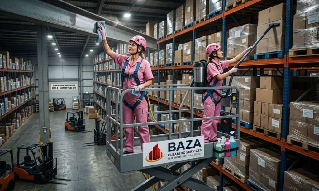 Deep Cleaning High Warehouse Shelving and Beams in Birmingham Al