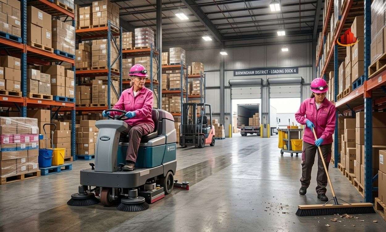 Industrial Warehouse Cleaning in Birmingham, AL – Professional Team Using Ride-On Floor Scrubber
