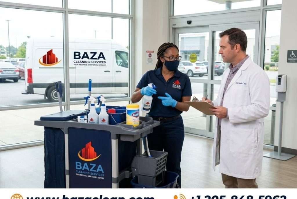 Medical cleaning professional explaining services to clinic staff in Birmingham, AL
