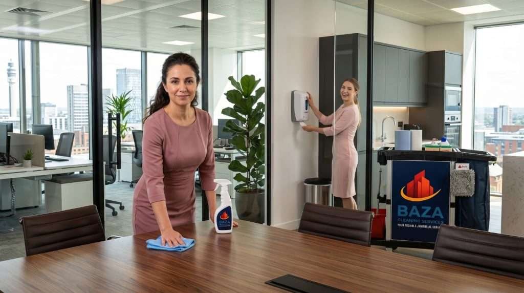 Office cleaning services Birmingham Alabama with female cleaners in pink dresses