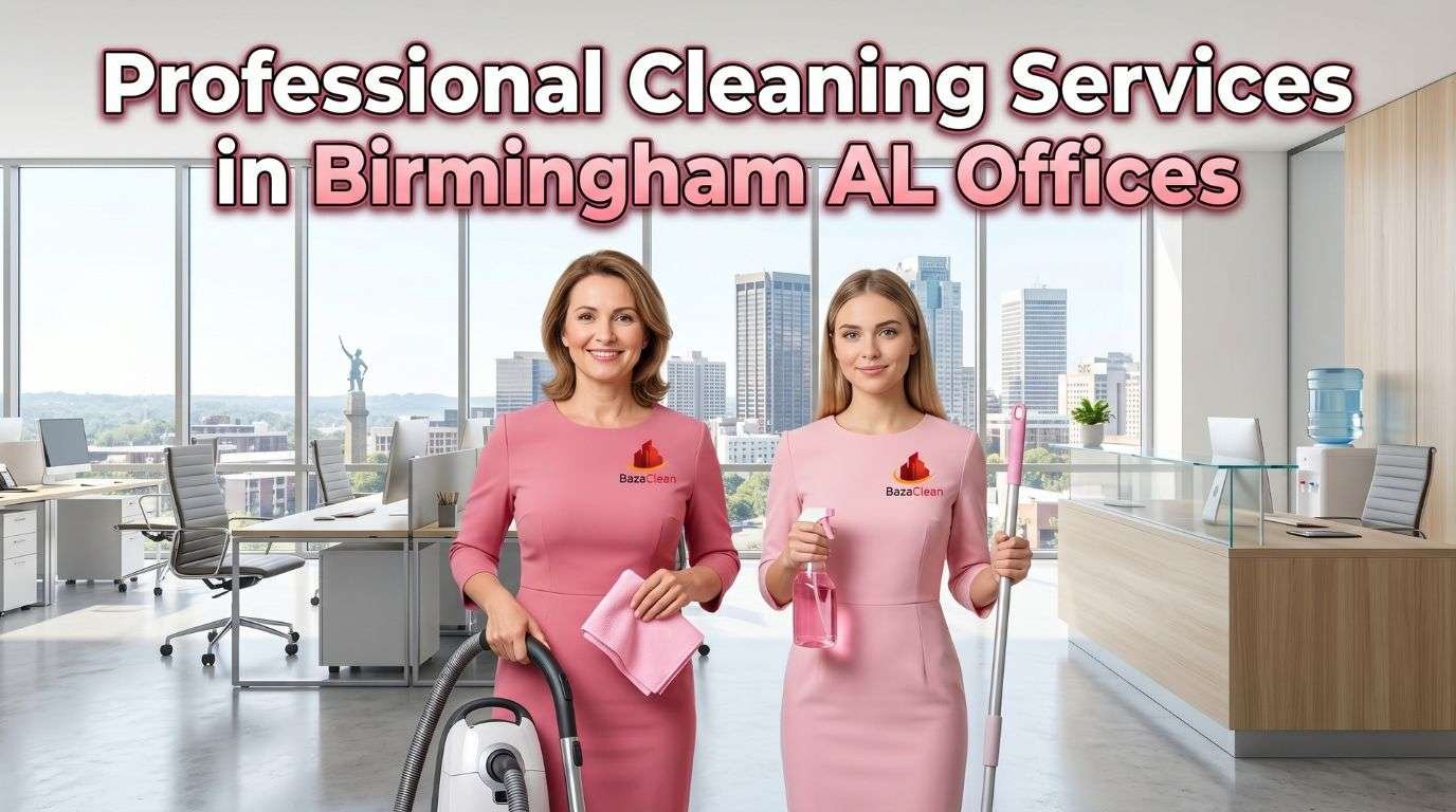 Professional cleaning services in Birmingham AL offices with female cleaners in pink dresses