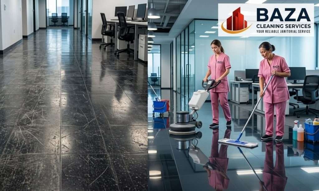 before and after VCT floor cleaning showing professional janitorial restoration