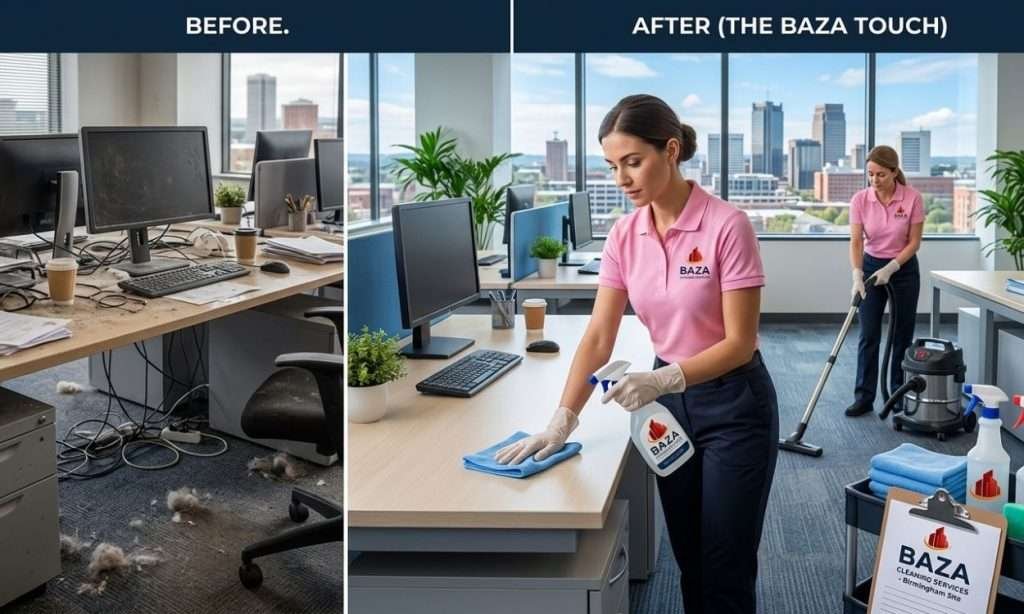 before and after office cleaning showing janitorial services value for Birmingham businesses