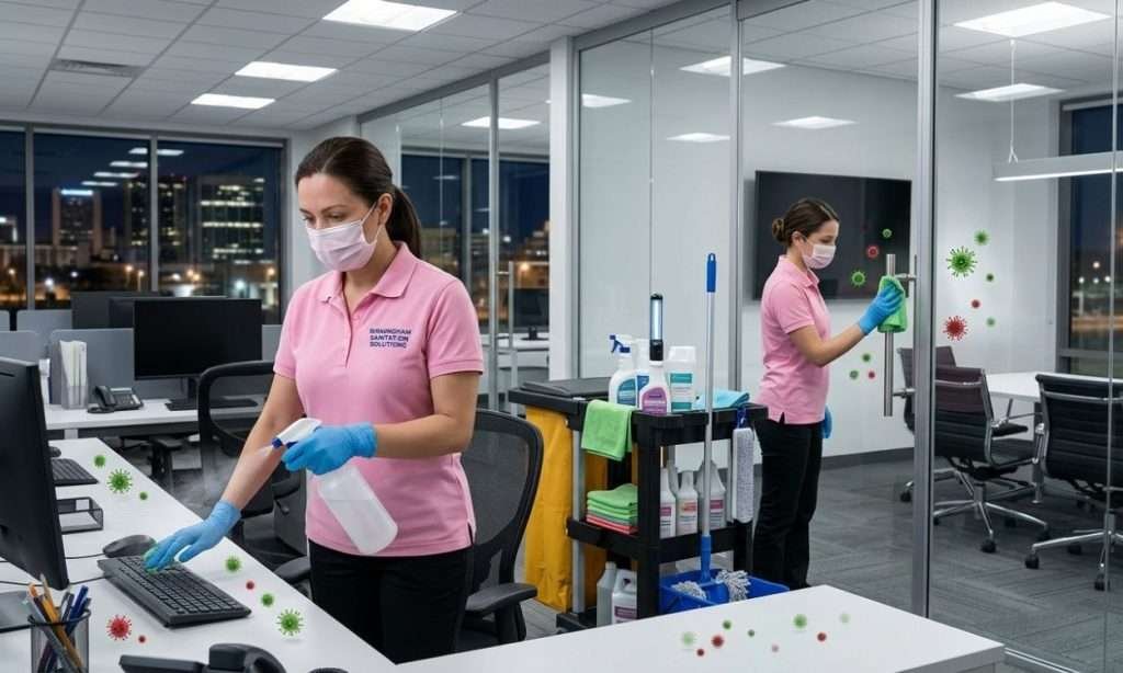 janitorial cleaners disinfecting office desks and door handles in Birmingham business workspace