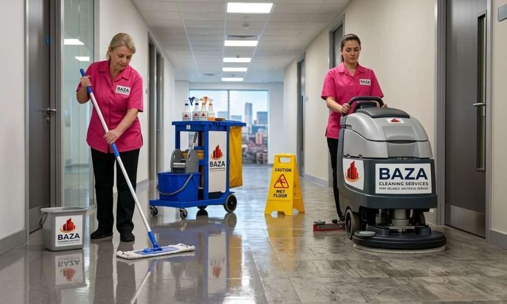 janitorial team waxing and cleaning VCT floors inside Birmingham office building