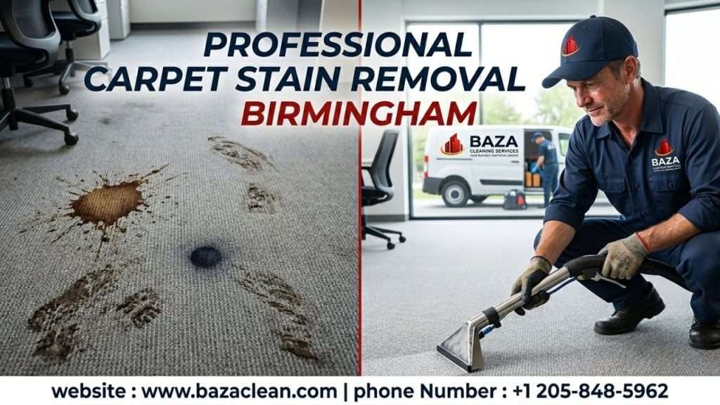 Before and after office carpet stain removal in Birmingham by Baza Clean