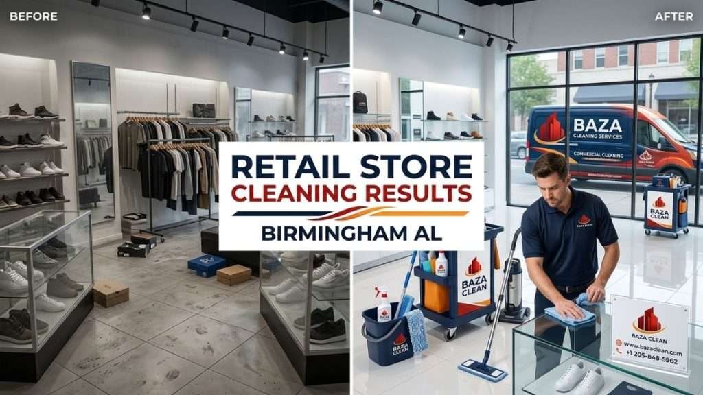 Before and after professional retail store cleaning in Birmingham Alabama by Baza Clean
