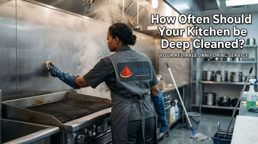 A professional woman deep cleaning a Birmingham commercial kitchen