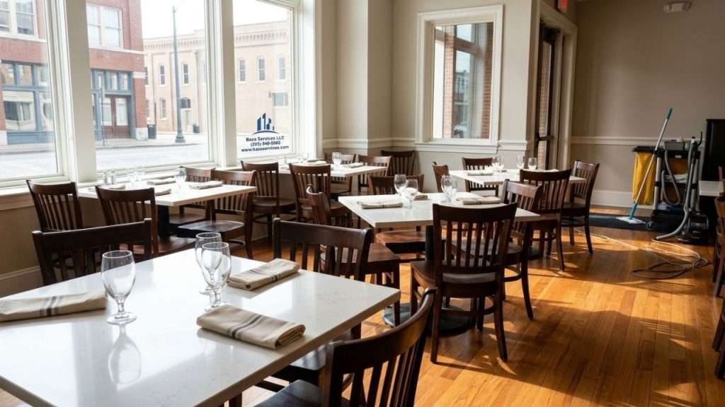 Clean restaurant dining area ready for service after professional cleaning