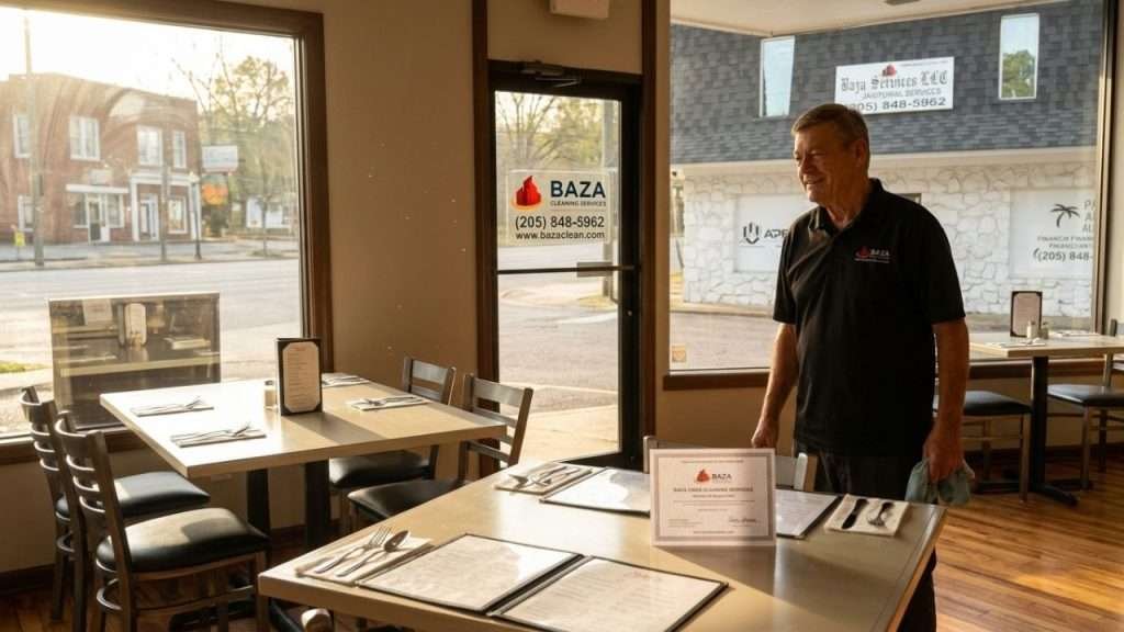 Clean restaurant ready for service after after-hours cleaning