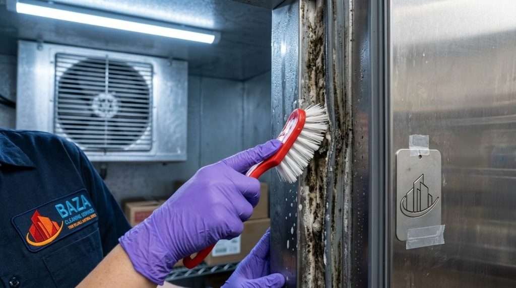 Close-up of a woman sanitizing a walk-in cooler door gasket