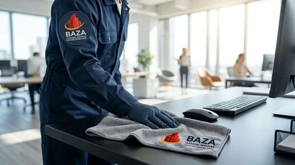 Commercial cleaner wiping down and sanitizing an office desk workstation