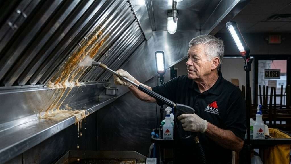 Commercial kitchen deep cleaning and hood sanitization after hours