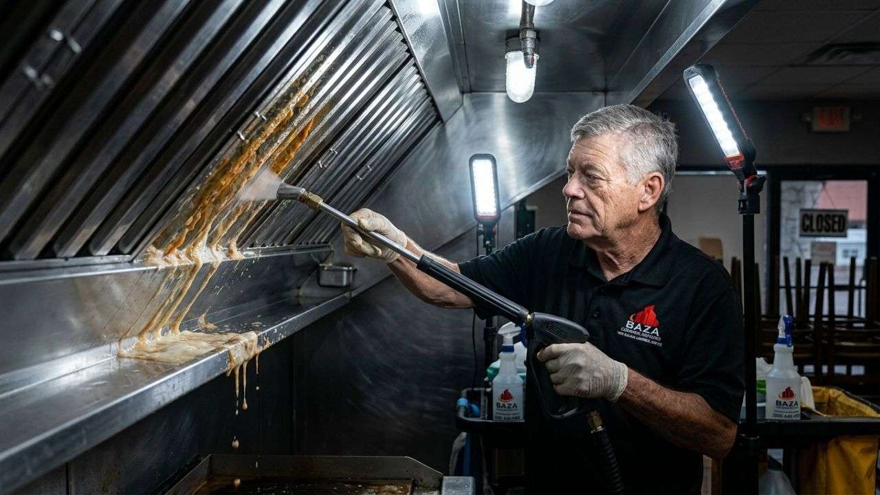 Commercial kitchen deep cleaning and hood sanitization after hours