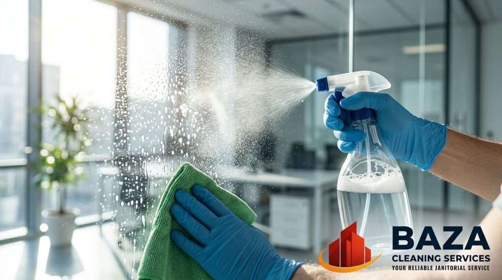 Eco friendly green cleaning sprays and natural ingredients on a bright counter