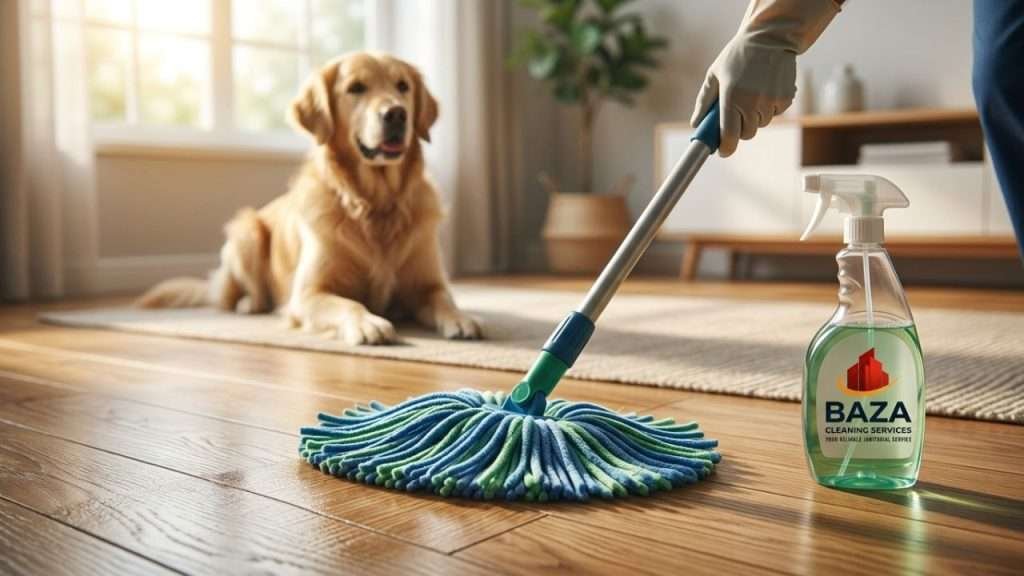 Person cleaning wooden floor safely with pet nearby