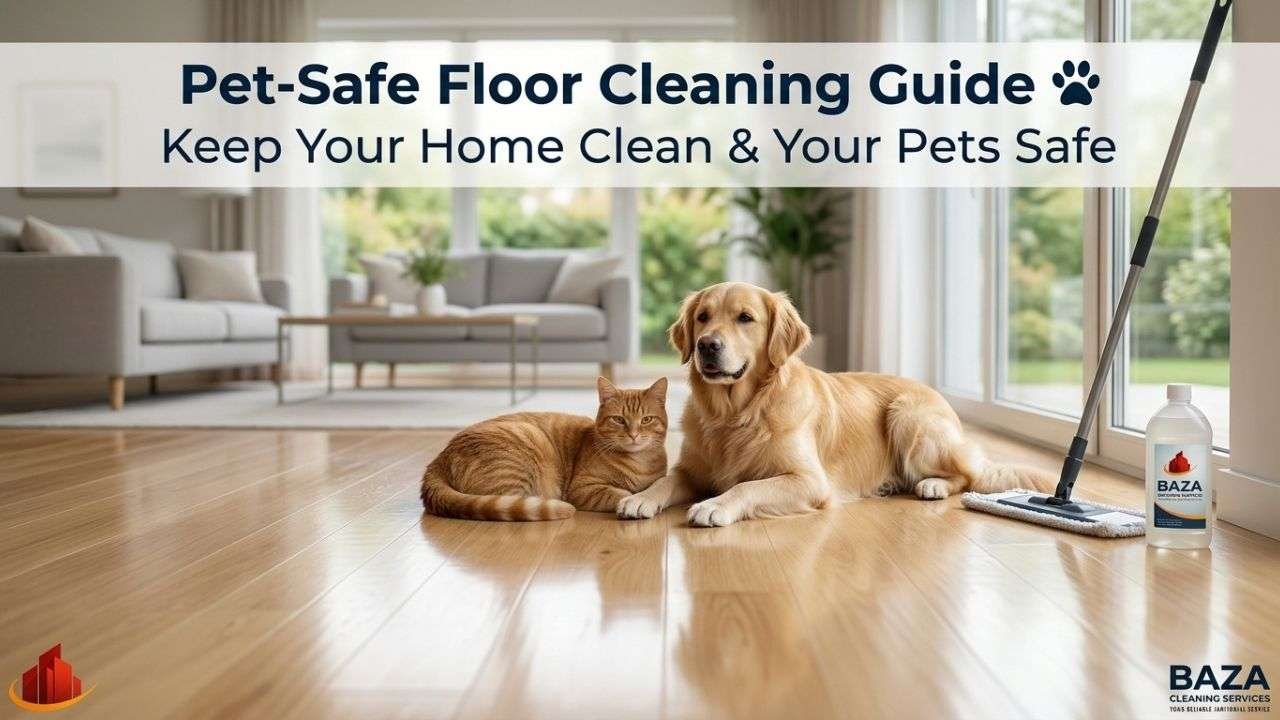 Pet safe clean living room with dog and cat on shiny floor