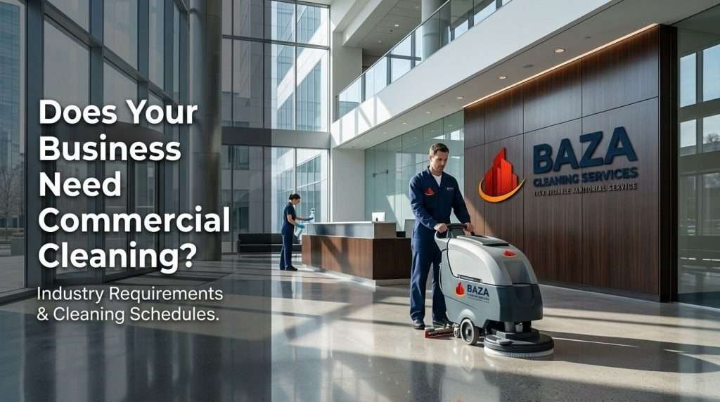 Professional cleaners sanitizing a modern corporate office lobby
