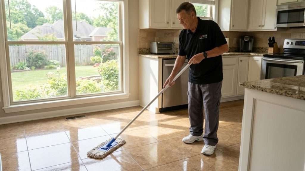 Professional floor buffing after stripping and waxing in Birmingham