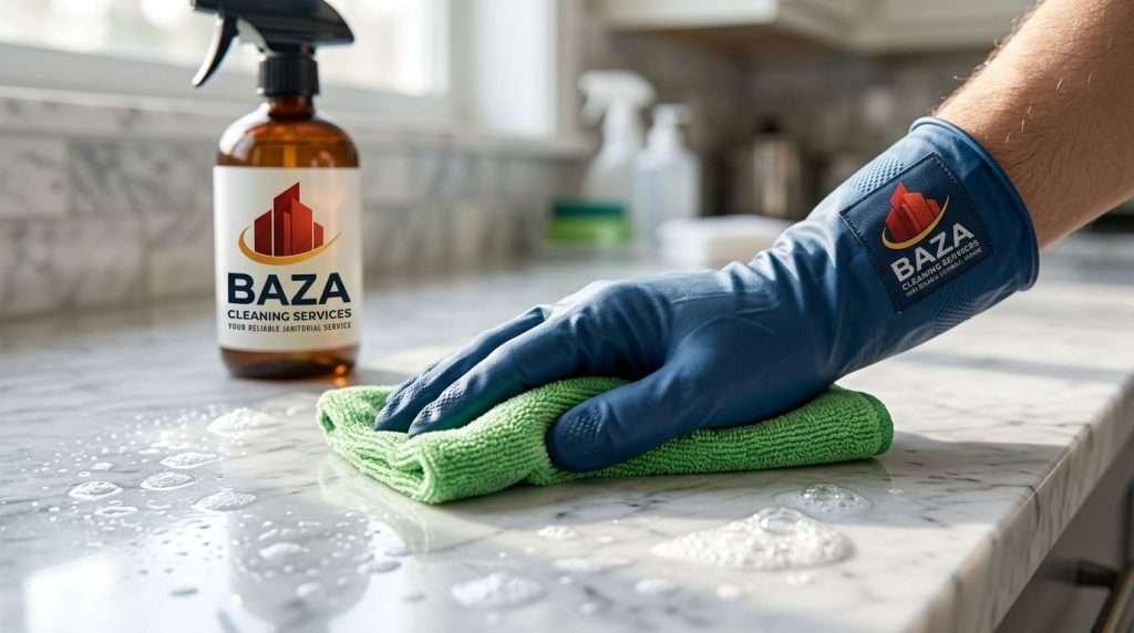 Professional janitor cleaning a glass surface with eco friendly spray