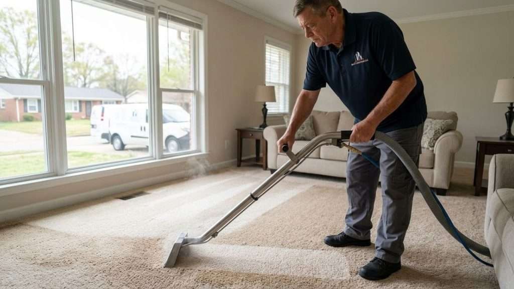 Professional steam carpet cleaning in progress in Birmingham AL home