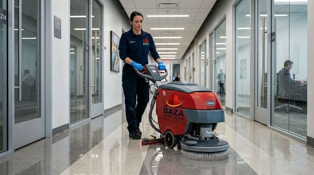 Professional technician operating a commercial floor buffering machine