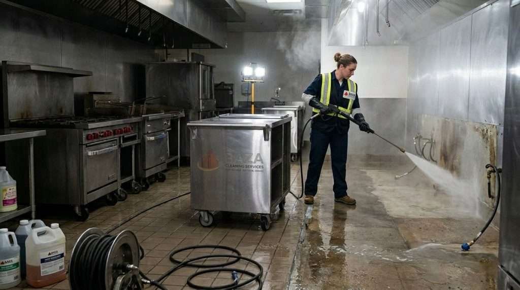 Professional woman power washing a floor behind restaurant equipment
