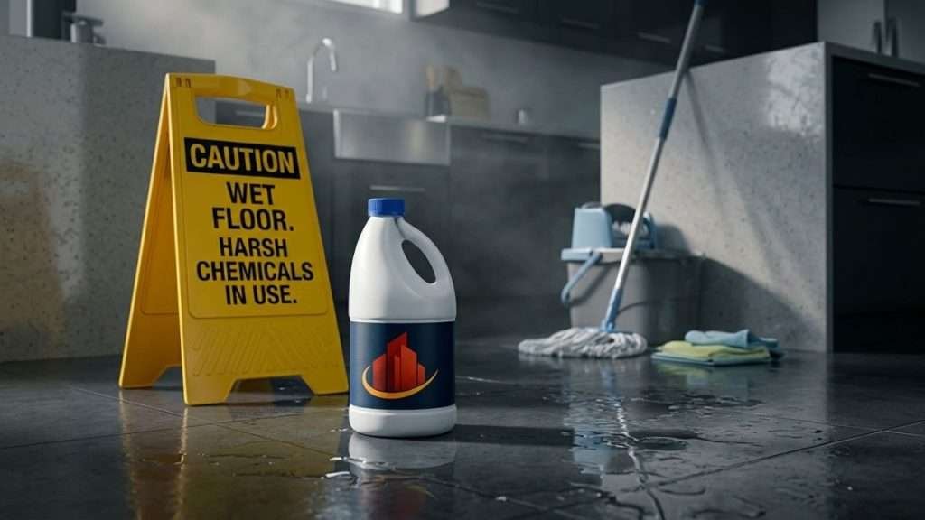Unsafe floor cleaner chemicals near wet floor warning scene